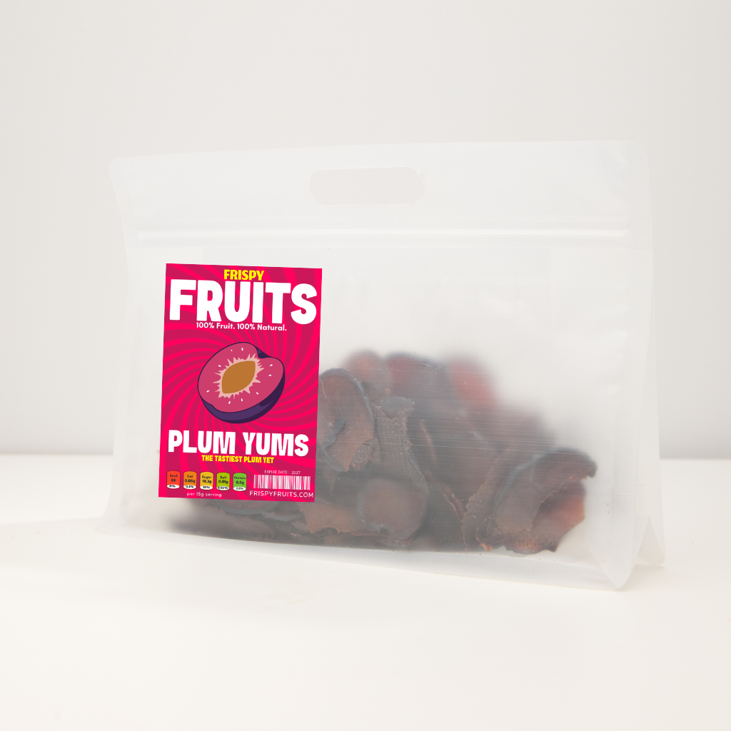 Packaged plum treats with a pink 'Frispy Fruits' label on a white background