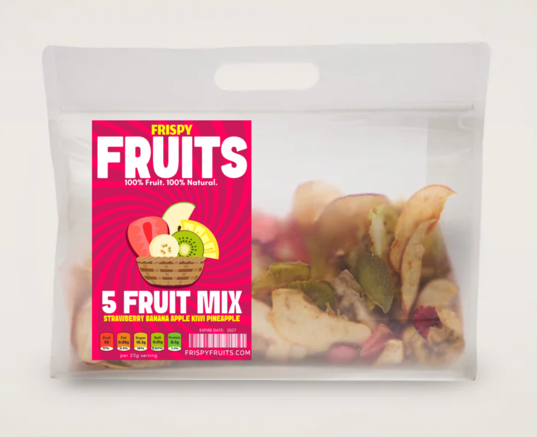 Packaged 5 Fruit Mix with pink label on a white background